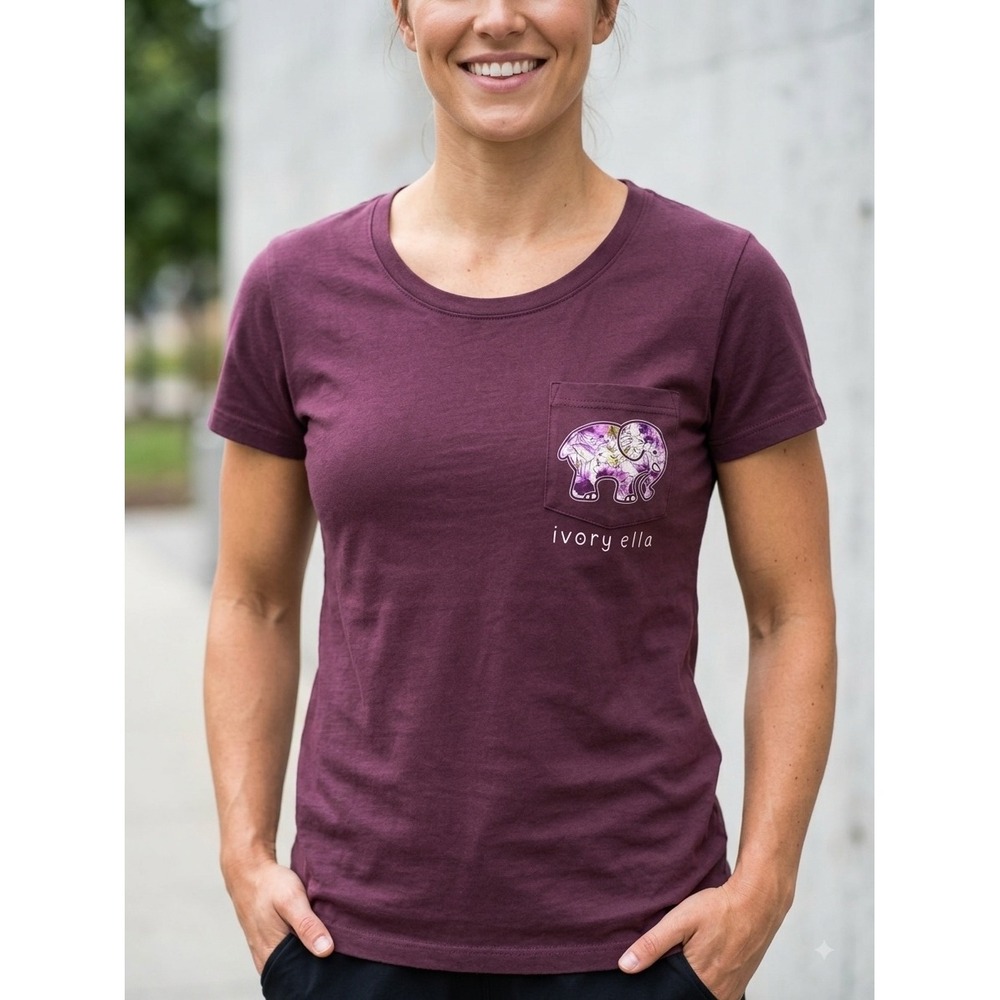 Ivory Ella Womens Plum Burgundy Floral Elephant Graphic Pocket T-Shirt S